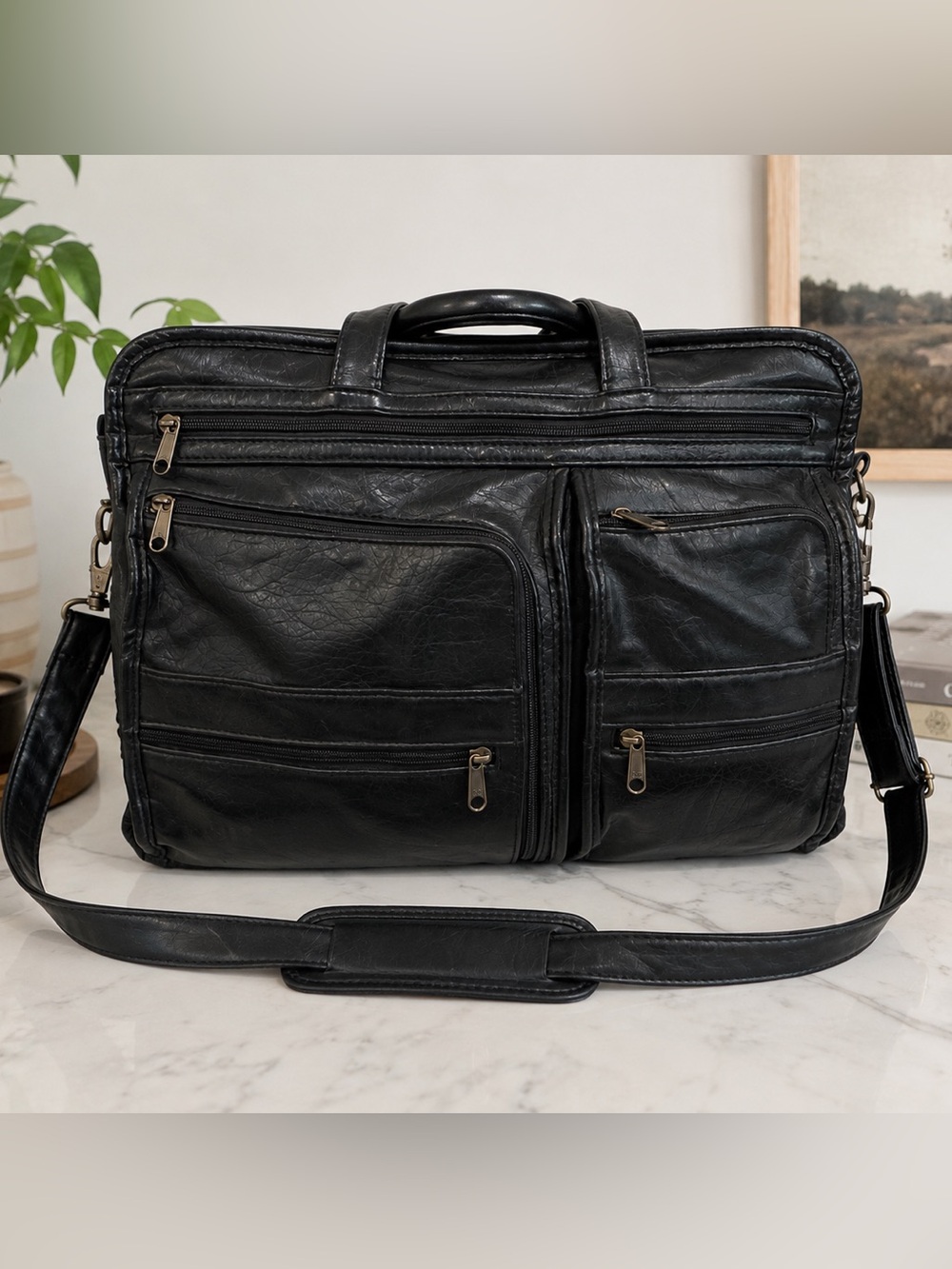 Vintage Monarch Multi-Pocket Black Briefcase Messenger Bag 16”x 11” expandable